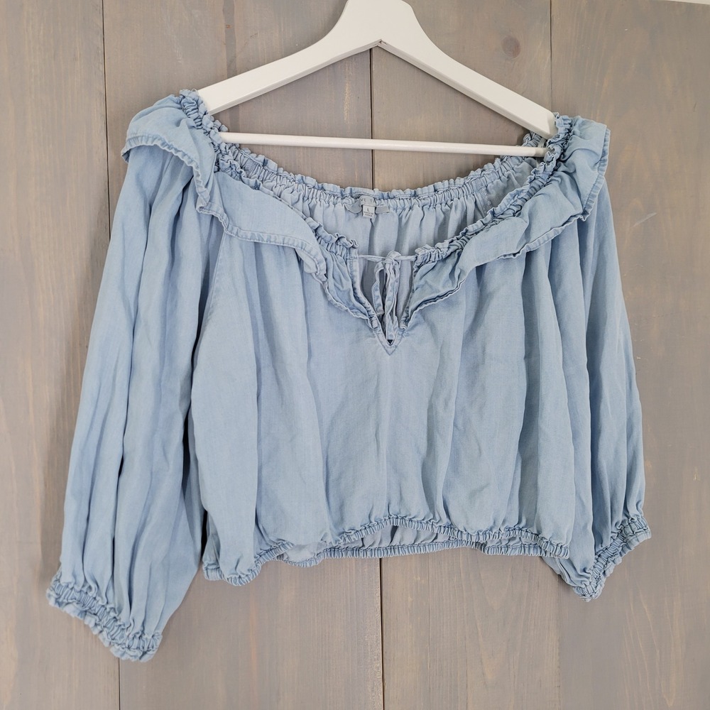Love Tree Off The Shoulder Crop Top Womens Large Blue Tencel Ruffle Boho Cottage - Picture 3 of 11